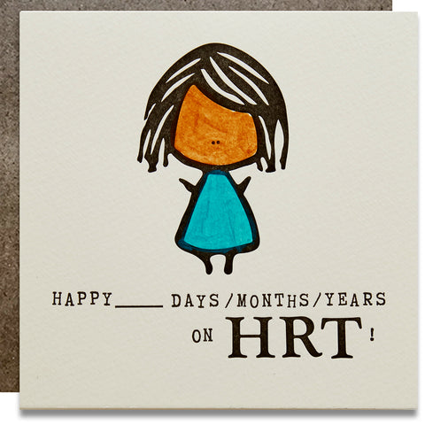 An illustration of a person with side bangs and short hair with a blue dress on. The card reads "Happy ______ Days/Months/Years on HRT!"