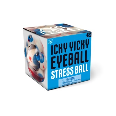 A blue and white box with "Icky Yicky Eyeball Stressball" written on it. One side has a view of the stress ball inside, with multiple eyeballs inside a bag with red liquid.