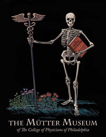 A black sticker with an illustration of a skeleton holding a red book "De Motu Cordis" and a staff with the wings of Hermes and the rod of Aescalapius. There are three different flowers and plants on the bottom.