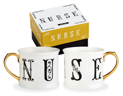 A white porcelain mug with a gold handle and the word "NURSE" written across it in a unique, heavily serif-ed font.