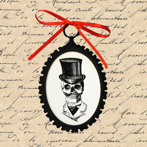 5 Halloween Skeleton Ornaments with Orange Ribbon