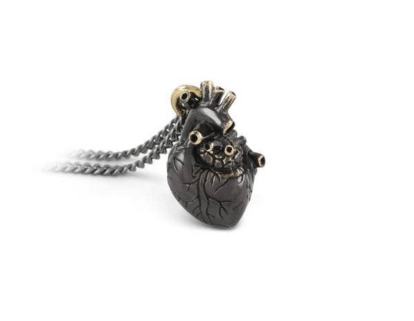 Small Black Anatomical Heart Necklace - Bronze