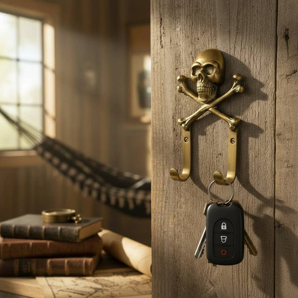 NEW-Antiqued Brass Skull & Crossbones Wall Hook | Wall Decor