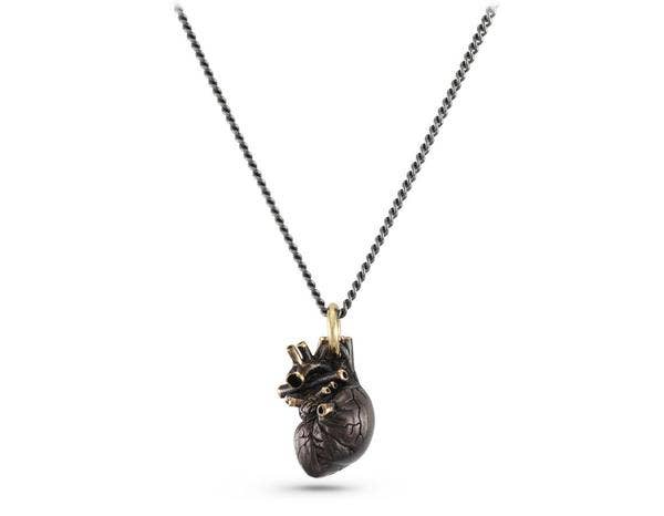 Small Black Anatomical Heart Necklace - Bronze