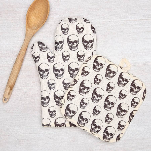 Skull Oven Mitt + Potholder Set - Heat Resistant, Spooky Kitchen Accessories, Perfect Housewarming Gift