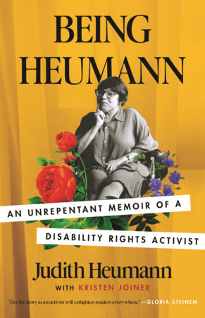 A yellow cover with a black and white photograph of a woman in a wheelchair with purple and red flowers.