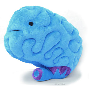 A blue plush in the shape of a brain with two eyes and a smile.