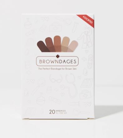 A white box with five bandages in a variety of skin tones.