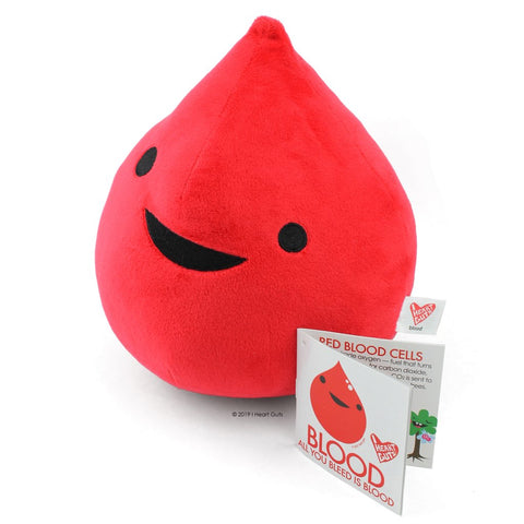 A red plush of drop of blood with two eyes and a smile