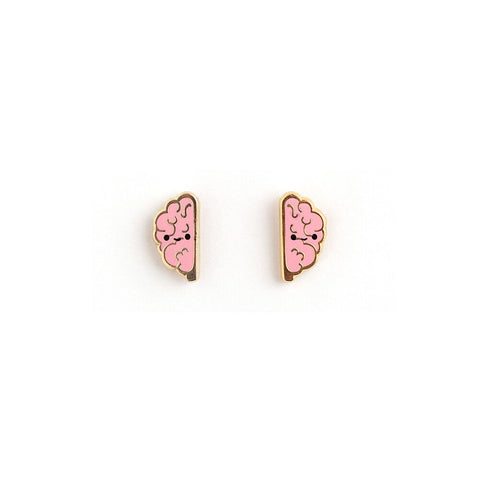 Gold and pink enamel earrings depicting the left and right sides of the brain. There are two black eyes and a small smile on each.