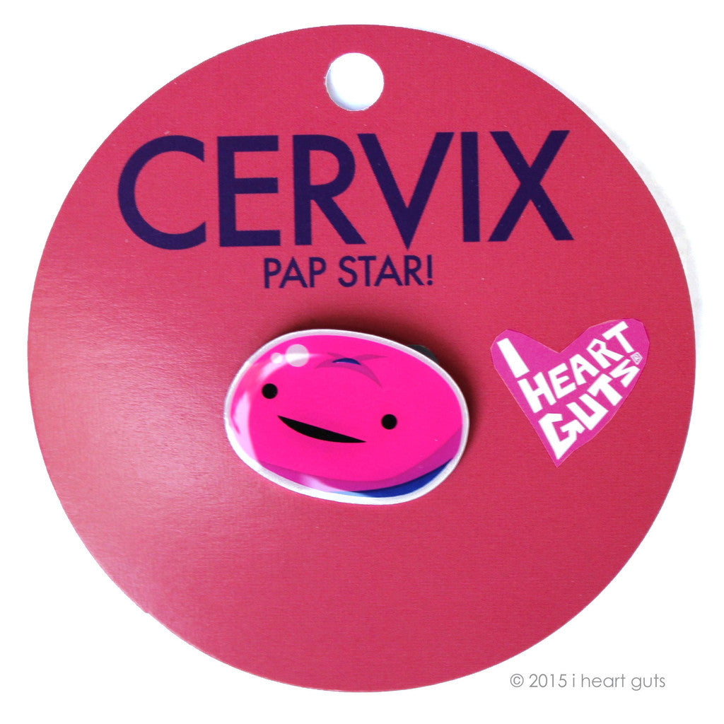 A pink background with an illustration of a pink cervix with two eyes and a small smile.