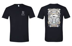 A black shirt with a white logo on the front and a large graphic depiction of specimens from the Mütter Museum.