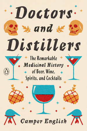 A beige cover with orange and red skulls, blue and red martinis, blue and red stills, and orange and red decanters.