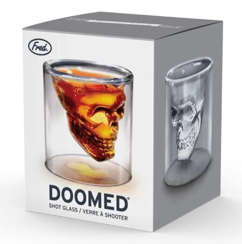 A white and grey box showing a shot glass with an inset of a skull where liquid is poured in.