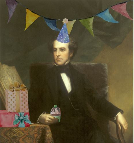 A portrait of Dr. Mütter with a party hat on. He is holding a cupcake next to a table of presents and there is a banner over him.