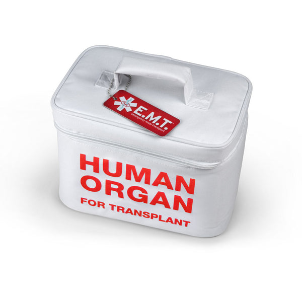 A white soft-sided lunch box with a zipper on the top portion and a handle. The front reads in read letters "Human Organ for Transplant."