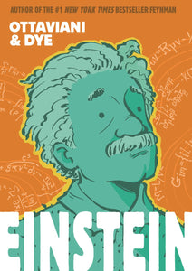 A bright orange book cover with an illustration of Einstein in green. There are white calculations floating in the background and bold white letters on the bottom that read "Einstein."