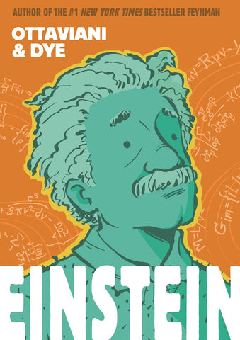 A bright orange book cover with an illustration of Einstein in green. There are white calculations floating in the background and bold white letters on the bottom that read "Einstein."
