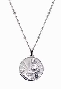 A sterling silver chain with occasional beads through the chain. The medallion is also sterling silver and depicts Florence Nightingale bedside with a patient.