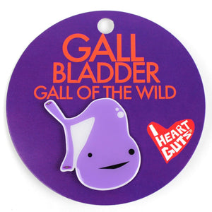 A purple card with "Gall Bladder Gall of the Wild" written in orange letters. There is a purple enamel pin in the shape of a gallbladder with two eyes and a smile.