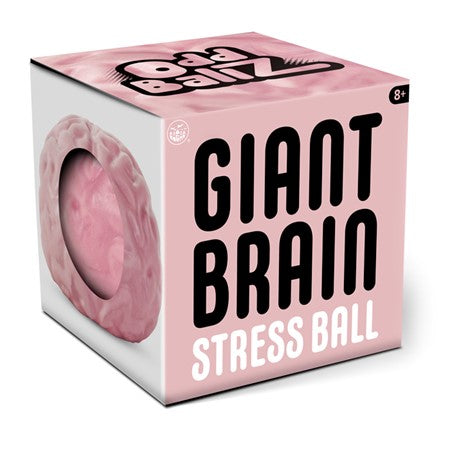 A pink box with "Giant Brain Stress Ball" written on it. One side has the pink stress ball peeking out of a small cutout.