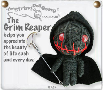 A string doll made of black string with a red stitched grin and red eyeballs. He has a black hooded cloak and a wire scythe.
