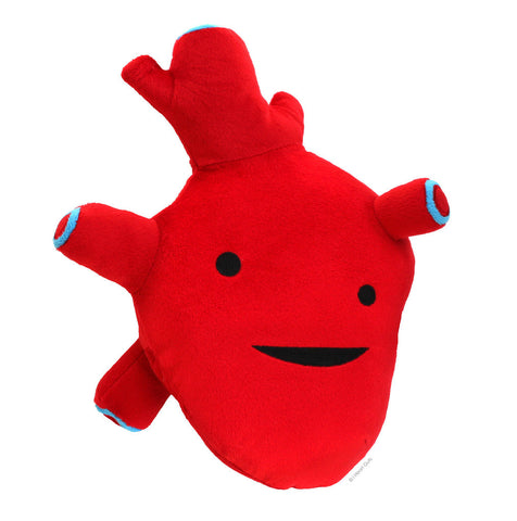 A red plush in the shape of an anatomical heart with two eyes and a smile.