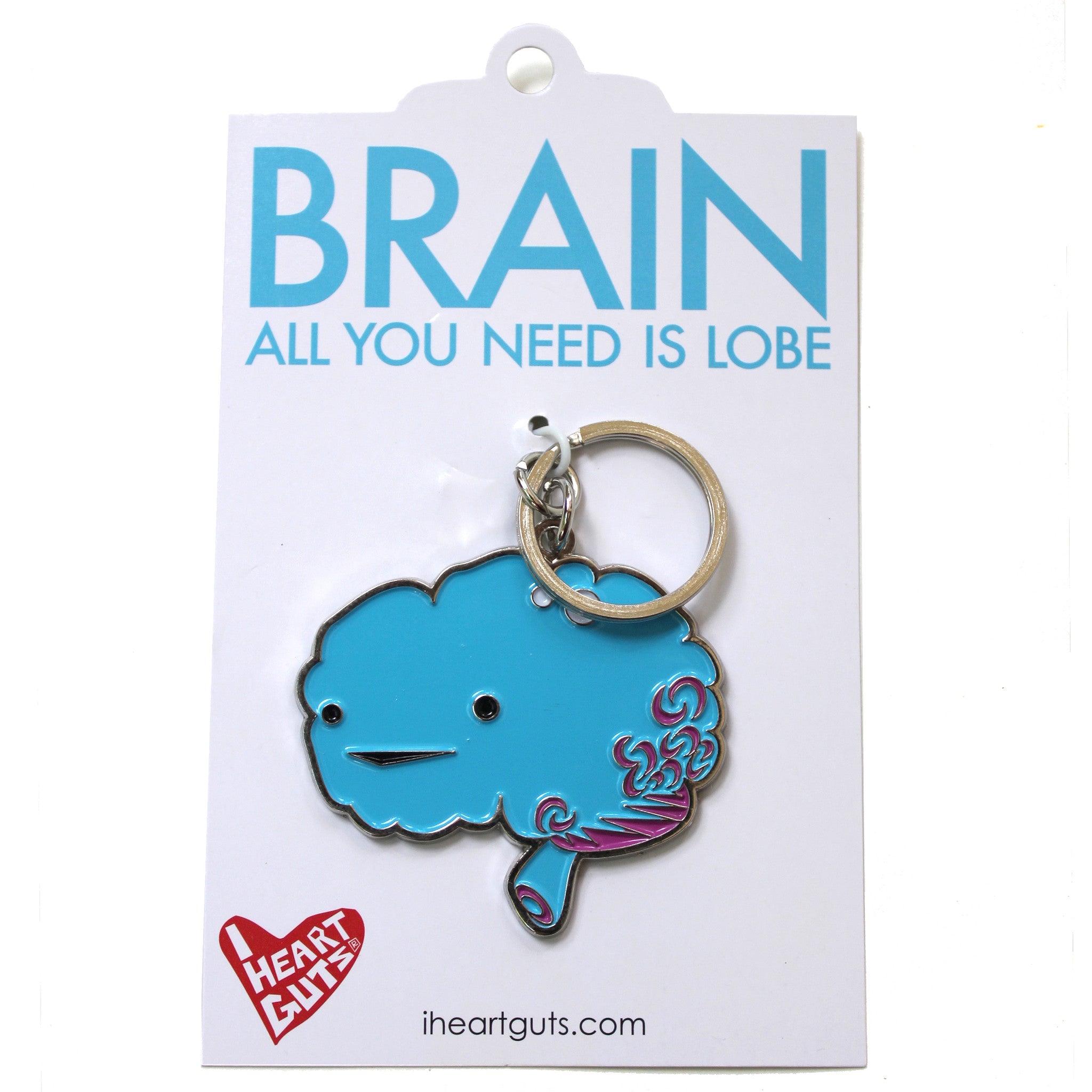 A blue enamel keychain of an illustrated brain with two eyes and a smile.