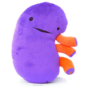 A purple and orange plush in the shape of a kidney with two eyes and a smile.