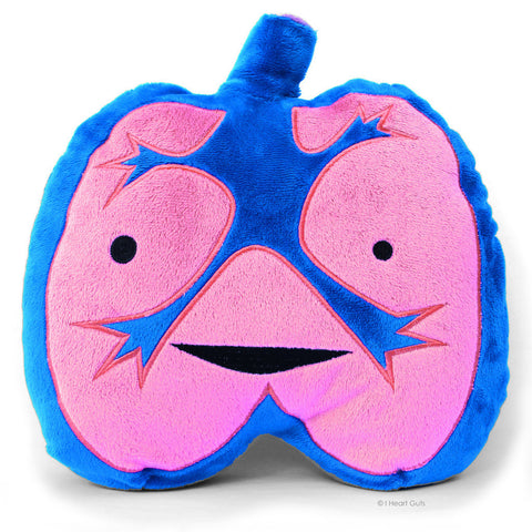 A blue and pink plush in the shape of lungs with two eyes and a smile.