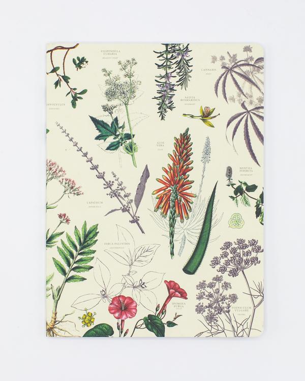 A cream notebook with colorful vintage illustrations of various botanical images.
