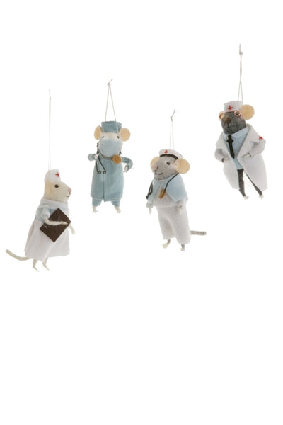 Four different felt mice ornaments wearing various doctor and nurse outfits.