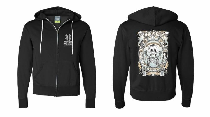 A sweatshirt with a white logo on the front and a large graphic depiction of specimens from the Mütter Museum.