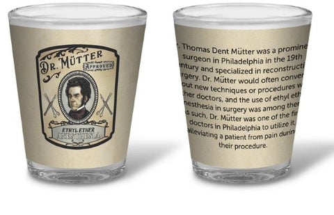 A pint glass with an illustration of Dr. Mütter on an old fashioned label for Ethyl Ether Anesthesia. The back of the pint glass details the relationship between Dr. Mütter and ethyl ether anesthesia.