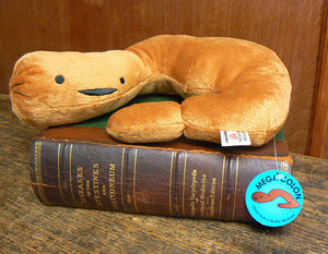 A brown plush in the shape of an enlarged colon sitting on top of a book. There are two eyes and a smile on it.