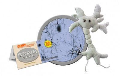 A grey plush with two black eyes in the shape of a brain cell.