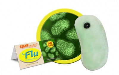 A mint green plush with a black eye in the shape of the Flu next to a card that reads "The Flu."