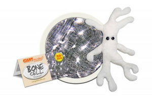 A white plush with black eyes in the shape of a bone cell.