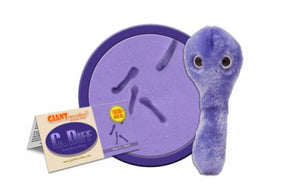 A purple plush with two black eyes in the shape of C Diff.