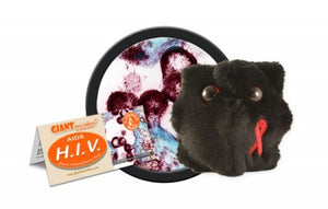 A black plush with two eyes and a red HIV flag applique next to a card that reads "H.I.V."