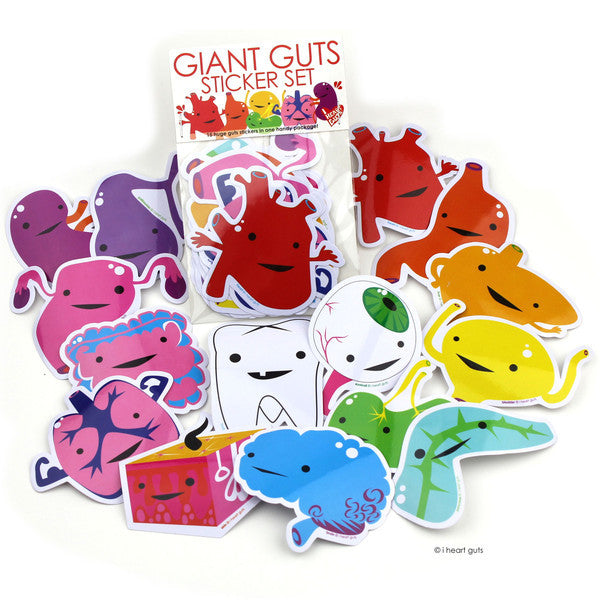 A package of 15 different organs of the body. All of the stickers, in various shapes and colors, are on display outside of the package.