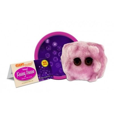 A pink plush in the shape of mono with two eyeballs and long eyelashes. There is a card next to it that reads "Kissing Disease."