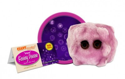 A pink plush in the shape of mono with two eyeballs and long eyelashes. There is a card next to it that reads "Kissing Disease."