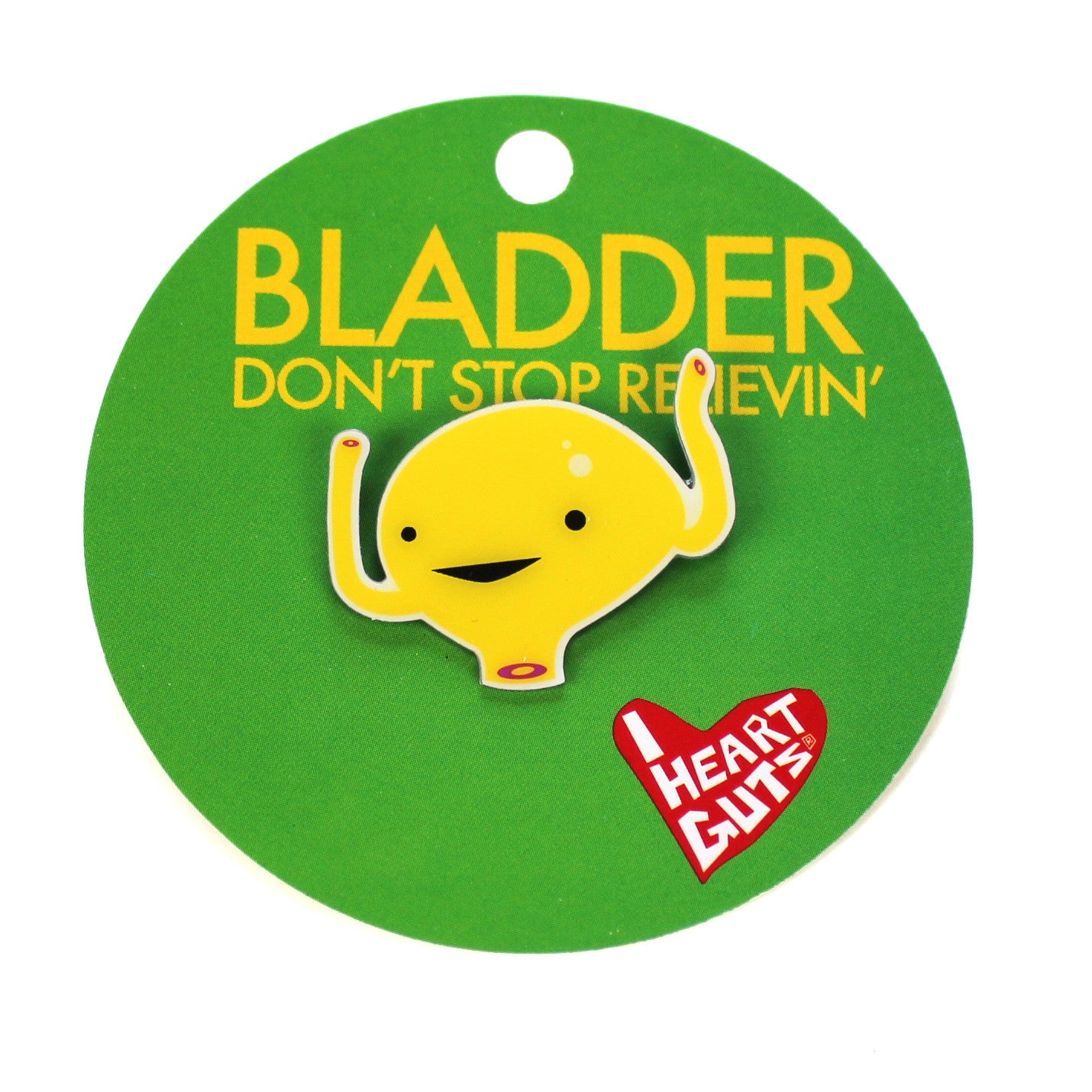 A green background with a yellow illustration of a bladder with a mouth and eyes.